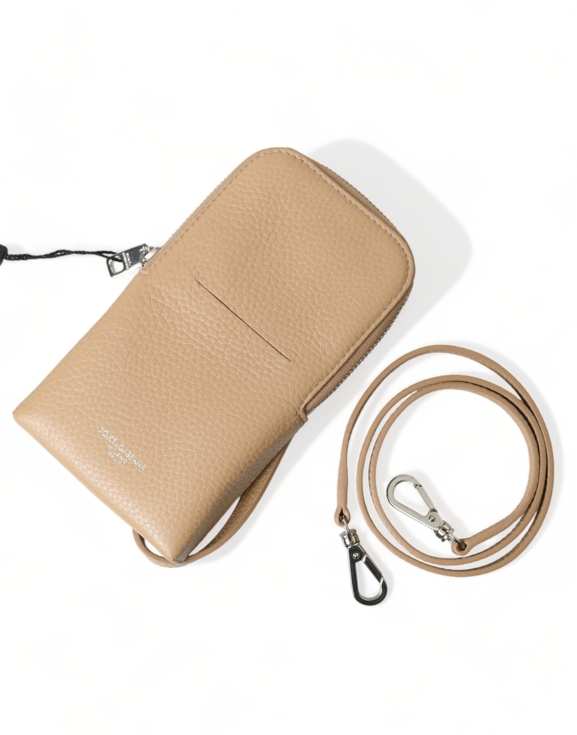 Dolce &amp; Gabbana Elegant Beige Leather Crossbody Phone Bag