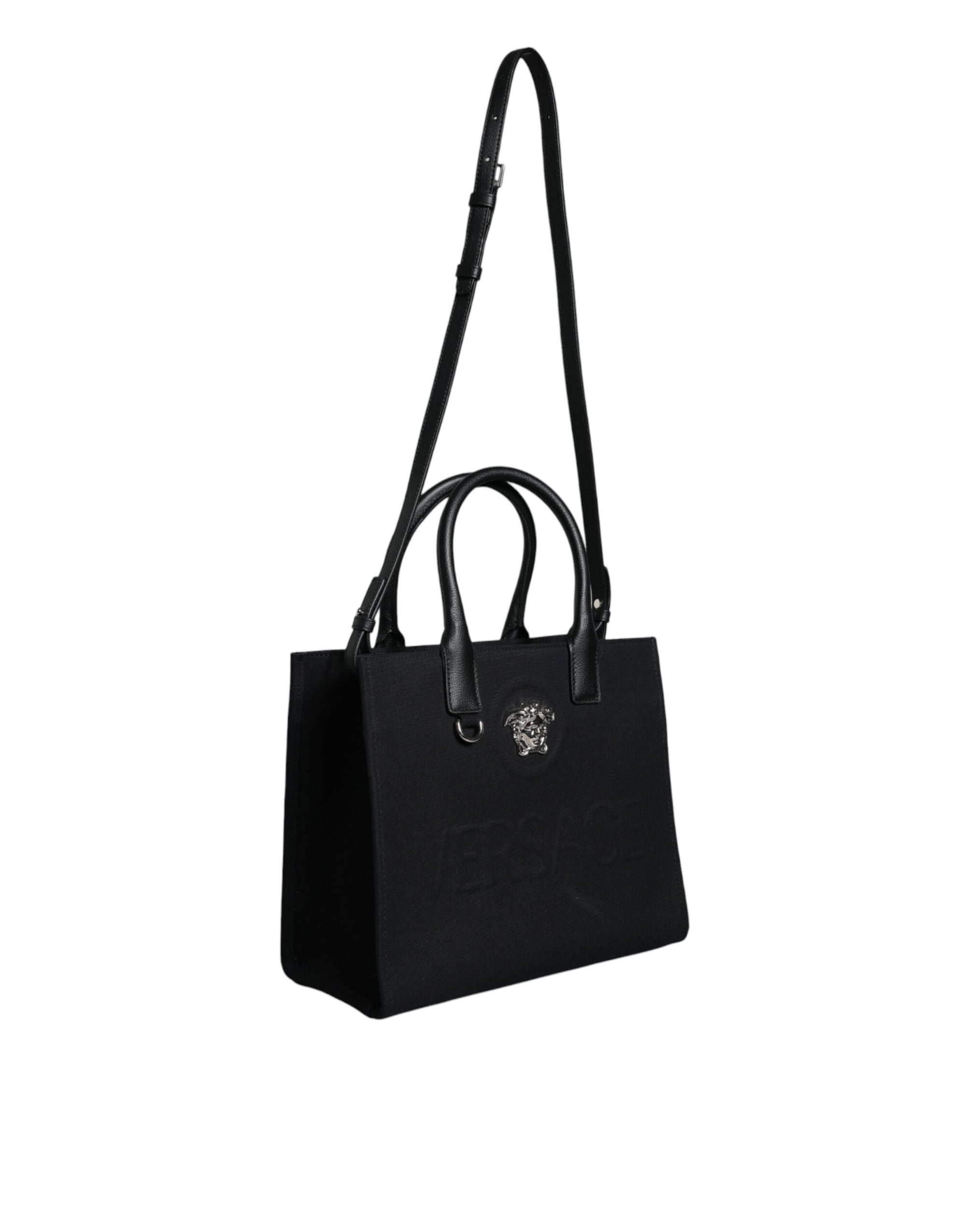 versace-black-canvas-leather-tote-side-angle