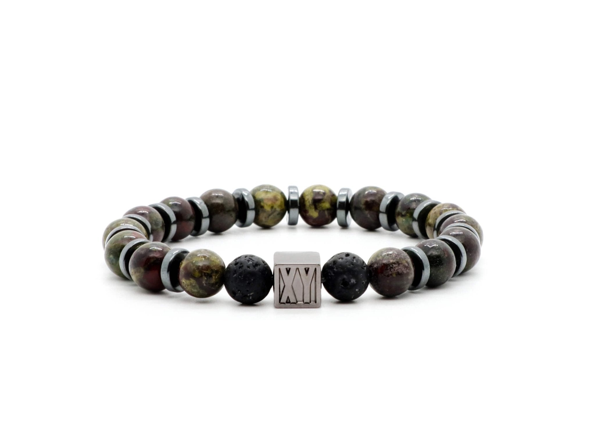 Men&#39;s bracelet with 8 mm Dragon&#39;s Blood Jasper, Hematite and Lava stone beads | Natural stone