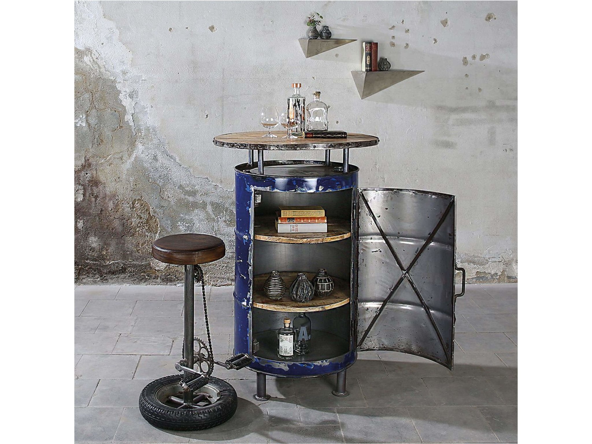 Oil barrel bar table with storage cabinet - Blue | Barrel | H. 116 cm