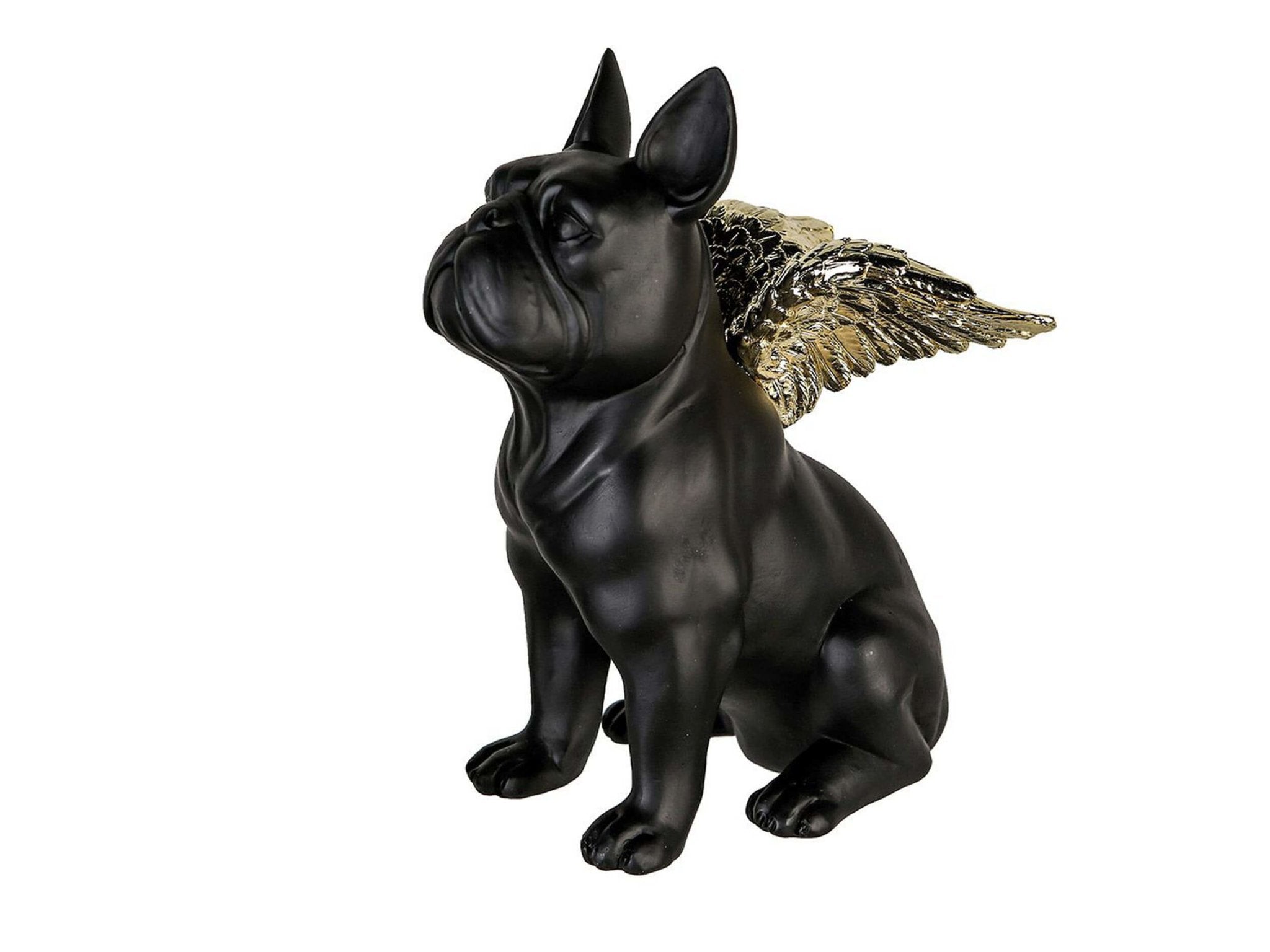 Figurina di bulldog francese nero con ali dorate | H. 16 cm