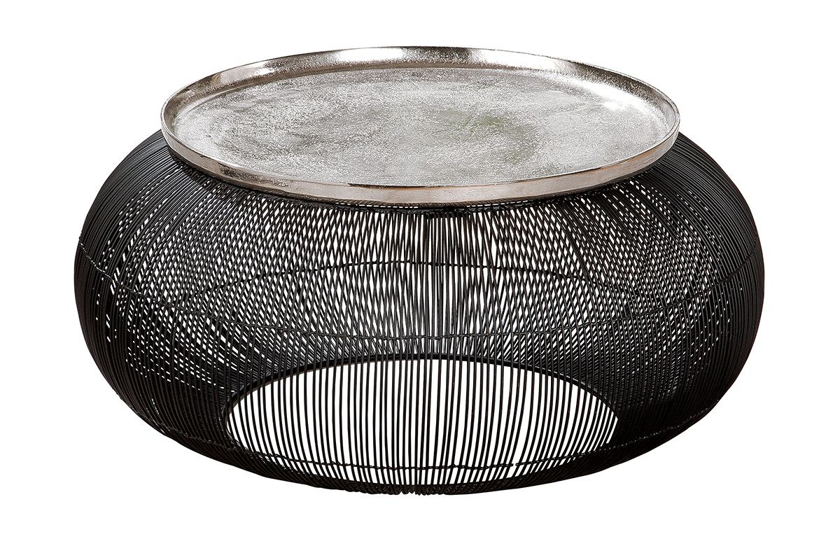 Tavolino in metallo nero con piano argento | Puntuale | diametro 51 cm